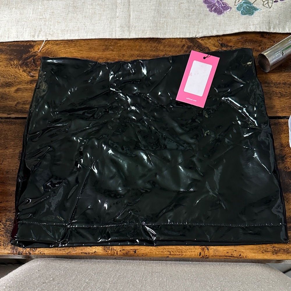 Edikted Black Patent Mini Skirt with Pink Tag